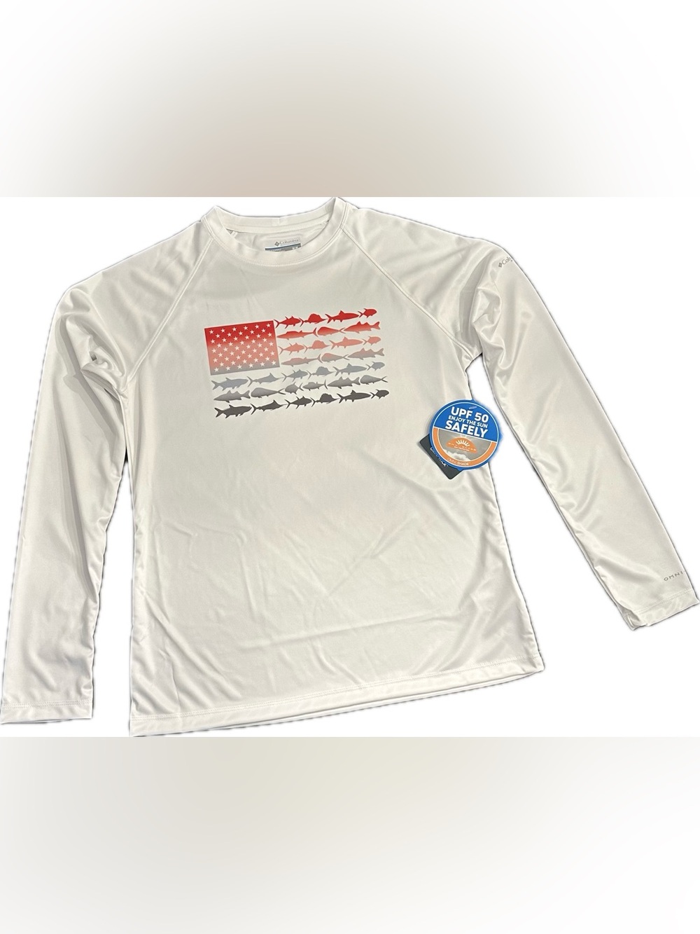 Columbia White Long Sleeve UPF Shirt with Red and Blue Flag